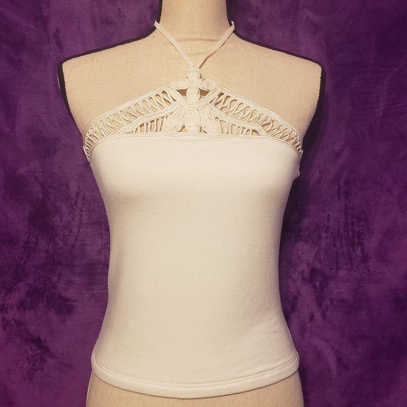 548 by Saks Tops - 548 by Saks Fifth Avenue Women's Floral Crochet Halter Top Cream Small S
